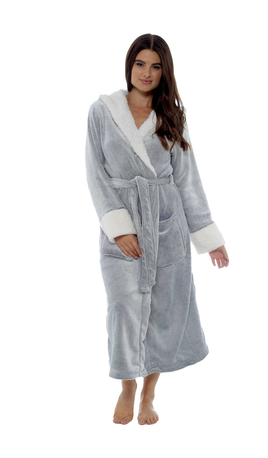 Luxurious Women's Fleece Dressing Gown with Sherpa Fur Hood Plush Flannel Bath Robe Elegant Shimmer Grey Soft Cozy Loungewear by Daisy Dreamer SHIMMER GREY / S Robe