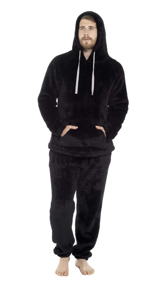 Men's Ultra-Soft Fleece Hooded Thermal Pyjama Set with Elastic Waist Cozy Loungewear Perfect for Winter and Indoor Relaxation by Daisy Dreamer BLACK / M Pyjamas