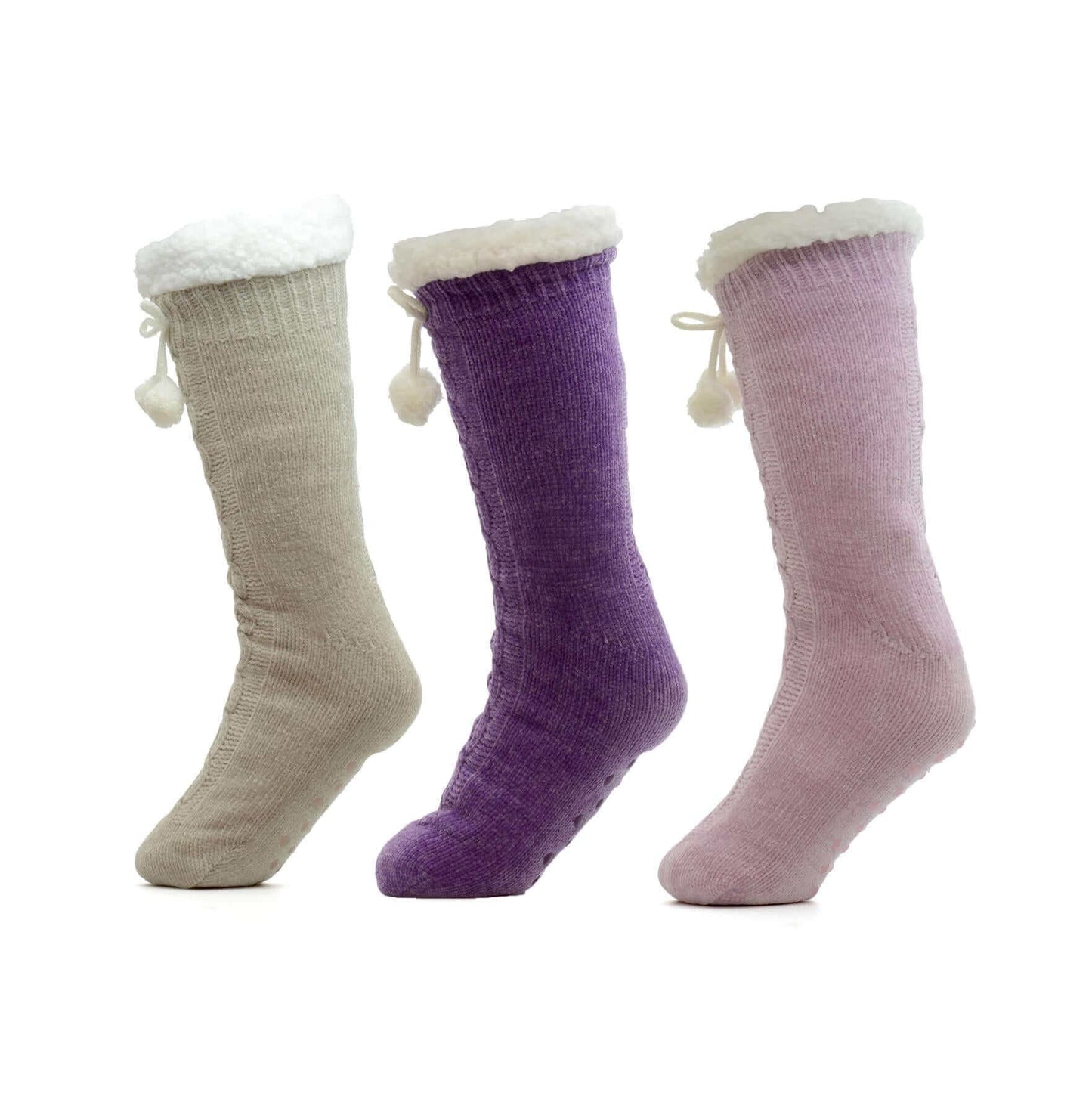 Pack of 3 Pairs Womens Chunky Knit Slipper Socks Tall Sherpa Fleece Fur Lined Non Slip Grips Warm Winter Home Lounging UK Sizes 4-7 Assorted Colors by Sock Stack CHENILE CABLE (SK944) Socks