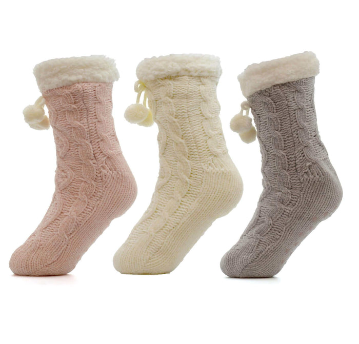 Pack of 3 Pairs Womens Chunky Knit Slipper Socks Tall Sherpa Fleece Fur Lined Non Slip Grips Warm Winter Home Lounging UK Sizes 4-7 Assorted Colors by Sock Stack CHENILE (SK947) Socks