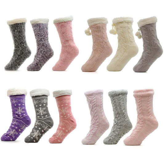 Pack of 3 Pairs Womens Chunky Knit Slipper Socks Tall Sherpa Fleece Fur Lined Non Slip Grips Warm Winter Home Lounging UK Sizes 4-7 Assorted Colors by Sock Stack Socks