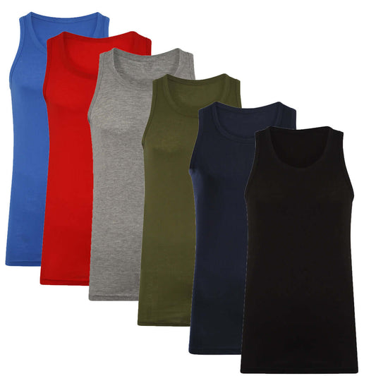 Pack of 6 Men's 100% Cotton Vests Comfortable Fitted Stretch Gym Muscle Tops Multiple Colours and Sizes S-XXL by Sock Stack 6 x ASSORTED COLOURS / S Vests
