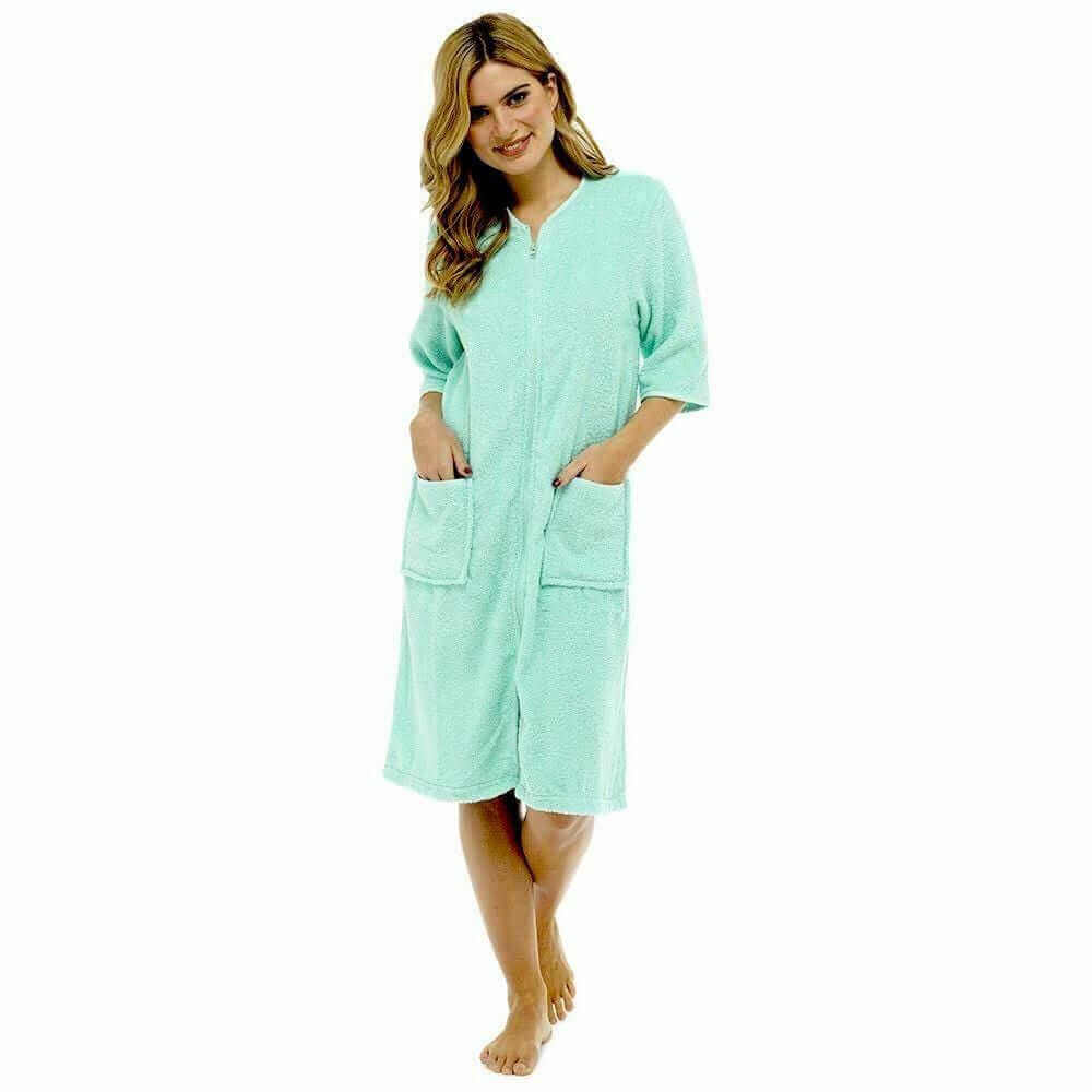 Women's Cotton Terry Towelling Bath Robe Zip Through Ultra Absorbent Soft and Luxurious Dressing Gown Perfect for Post Shower Relaxation by Daisy Dreamer SMALL | UK 8-10 / MINT Robe