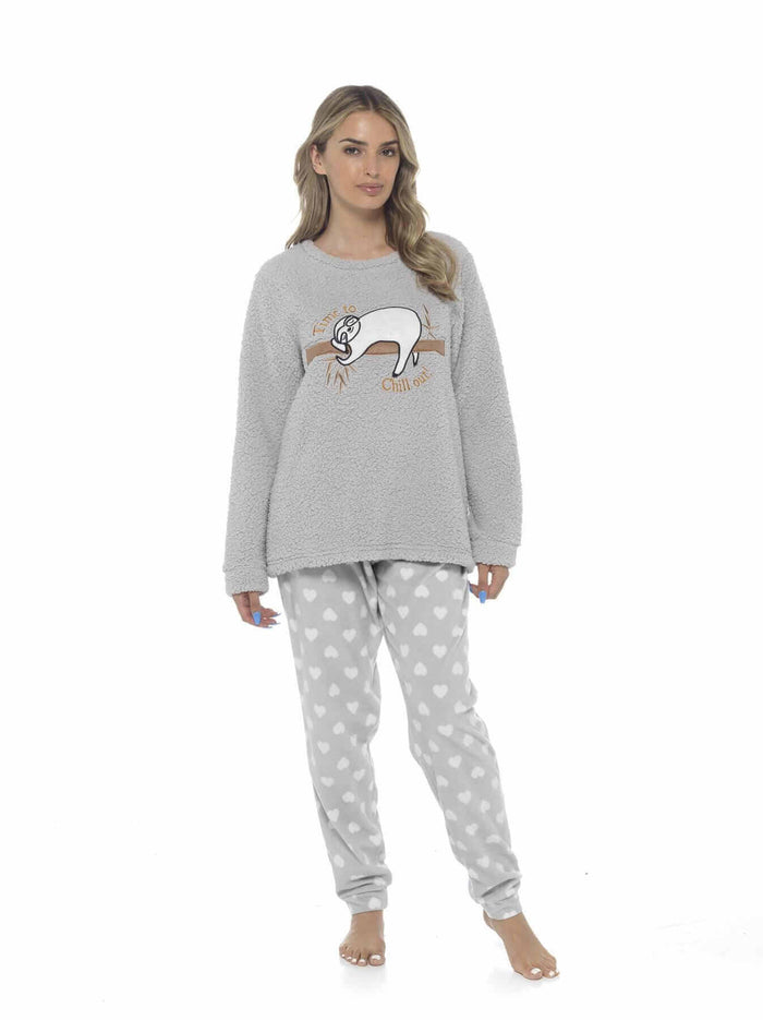 Women's Cozy Sloth Teddy Fleece Pyjama Set Super Soft Warm Loungewear Sleepwear with Trendy Design and Comfortable Fit Pants Perfect for Cold Nights Multiple Sizes by Daisy Dreamer SMALL | UK 8-10 Pyjamas