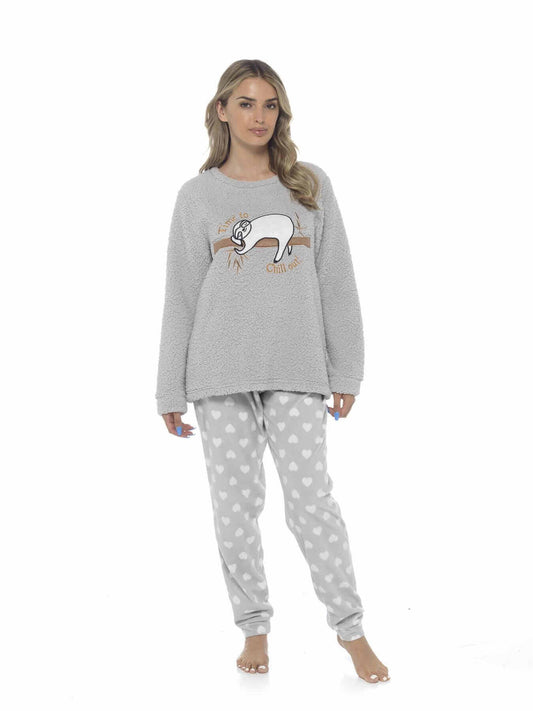 Women's Cozy Sloth Teddy Fleece Pyjama Set Super Soft Warm Loungewear Sleepwear with Trendy Design and Comfortable Fit Pants Perfect for Cold Nights Multiple Sizes by Daisy Dreamer SMALL | UK 8-10 Pyjamas