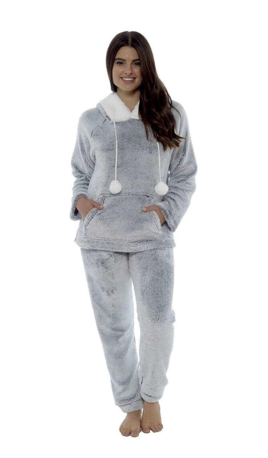 Women's Plush Fleece Hooded Pyjama Set Shimmer Grey Super Soft Fabric Elasticated Waistband Sherpa Edging Cozy Sleepwear Small to X Large by Daisy Dreamer SMALL | UK 8-10 Pyjamas