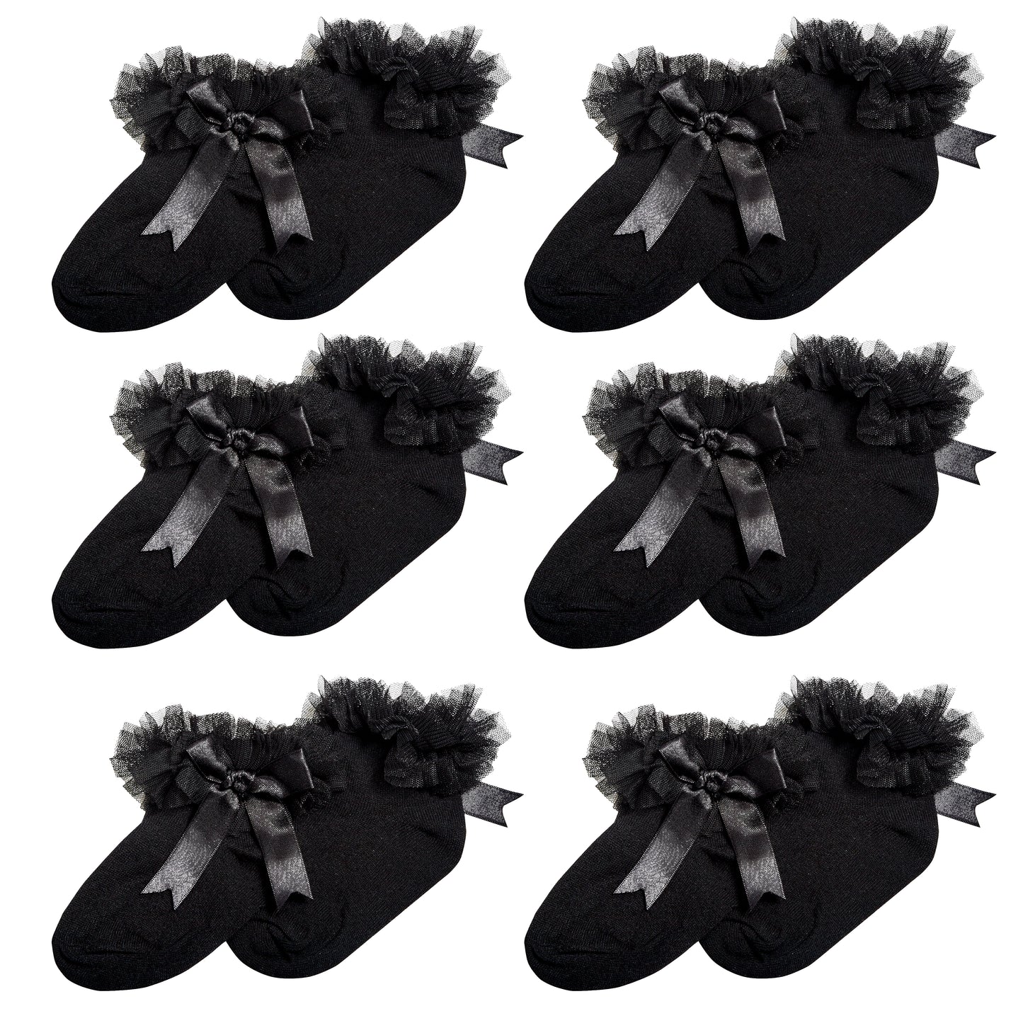 6 Pairs Black Girls Tutu Frilly Ankle Socks with Lace & Bow Super Soft Wedding Christening Sock by Sock Stack. Buy now for £10.00.