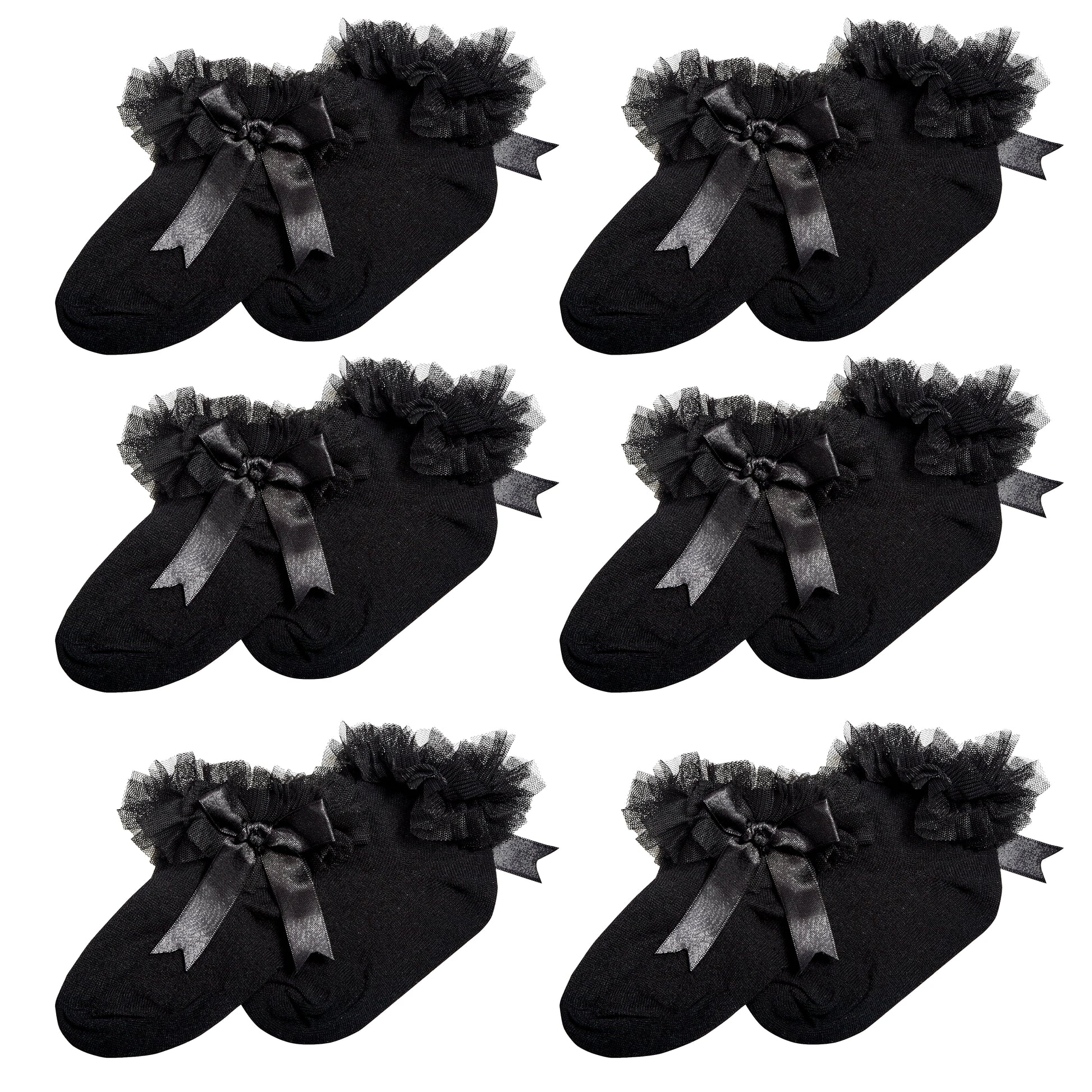 6 Pairs Black Girls Tutu Frilly Ankle Socks with Lace & Bow Super Soft Wedding Christening Sock by Sock Stack. Buy now for £10.00.