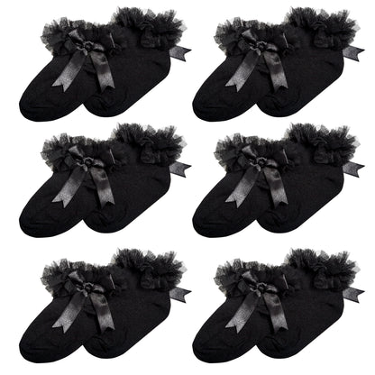 6 Pairs Black Girls Tutu Frilly Ankle Socks with Lace & Bow Super Soft Wedding Christening Sock by Sock Stack. Buy now for £10.00.