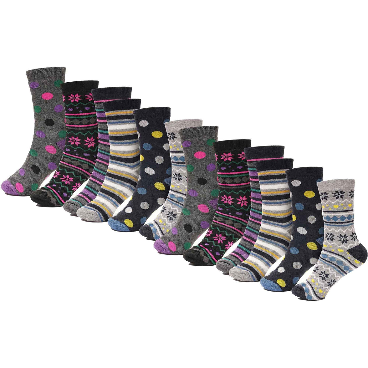 12 Pack Womens Thermal Winter Socks Extra Warm for Cold Weather High Insulation with 2.3 Tog Rating Perfect for Work Boots and Outdoor Activities by Heatwave Thermalwear STRIPES SPOTS (SS253) / 4-7 Socks