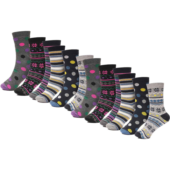 12 Pack Womens Thermal Winter Socks Extra Warm for Cold Weather High Insulation with 2.3 Tog Rating Perfect for Work Boots and Outdoor Activities by Heatwave Thermalwear STRIPES SPOTS (SS253) / 4-7 Socks