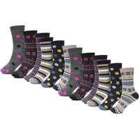 12 Pack Womens Thermal Winter Socks Extra Warm for Cold Weather High Insulation with 2.3 Tog Rating Perfect for Work Boots and Outdoor Activities by Heatwave Thermalwear STRIPES SPOTS (SS253) / 4-7 Socks