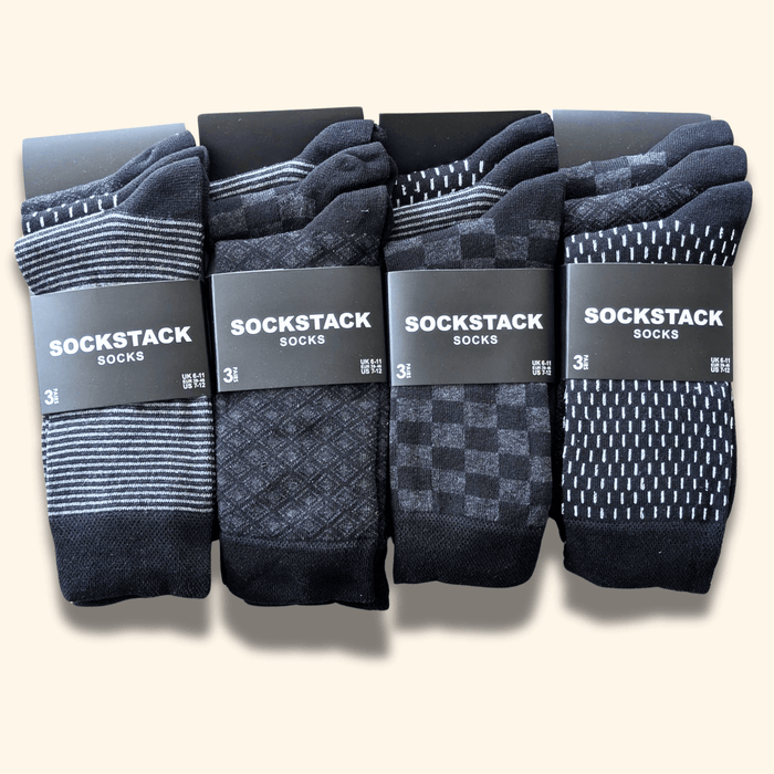 12 Pairs Men's Soft Cotton Colourful Heel Toe Black Argyle Diamond Easycare Comfortable Shoe Socks Flat Toe Seam Durable Work School Business Wear UK 6-11 by Sock Stack Socks
