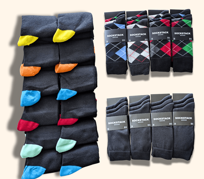 Sock Stack Mens Socks 12 Pairs Cotton Colorful Heel Toe Black Argyle ...