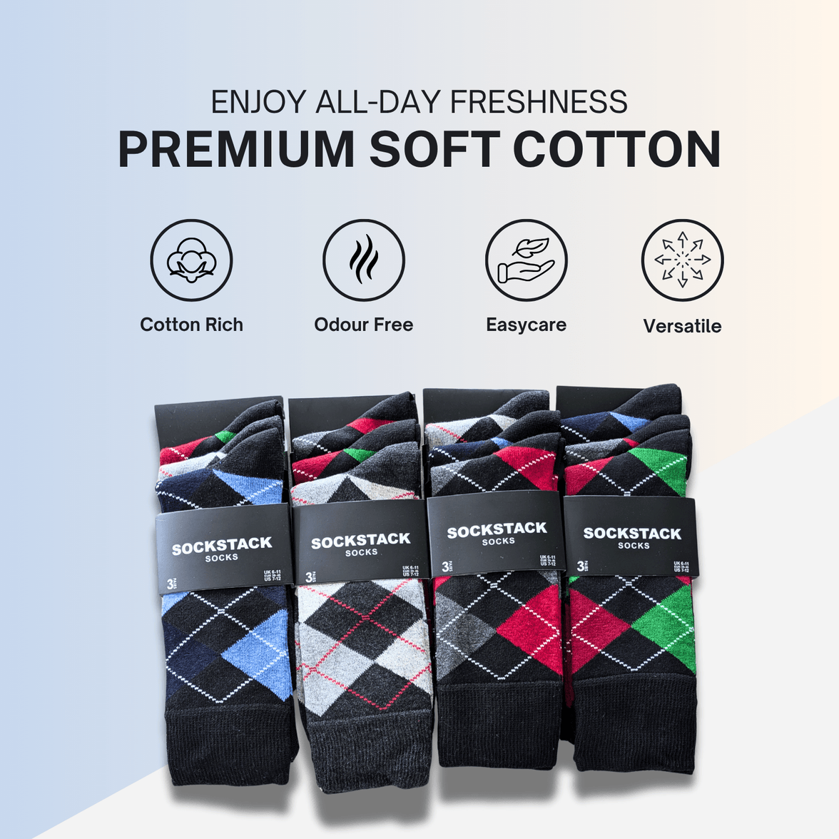 12 Pairs Men's Soft Cotton Colourful Heel Toe Black Argyle Diamond Easycare Comfortable Shoe Socks Flat Toe Seam Durable Work School Business Wear UK 6-11 by Sock Stack Socks