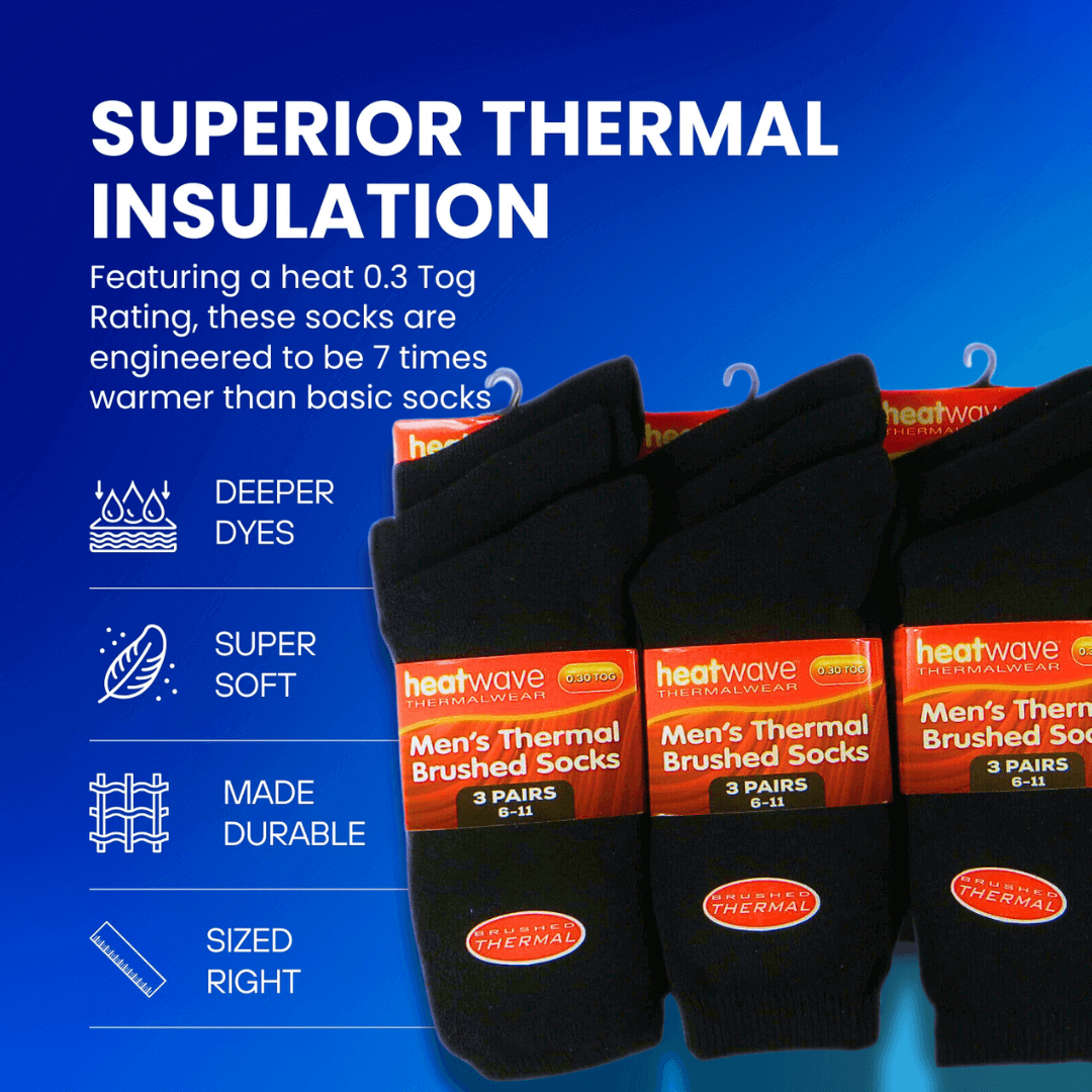 12 Pairs Mens Black Thermal Socks Warm Work Boot Socks Superior Insulation Cold Weather Double Brushed Advanced Knitting Technology Extra Warmth by Heatwave Thermalwear Socks