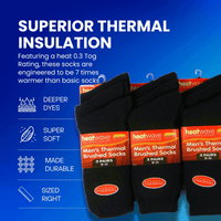 12 Pairs Mens Black Thermal Socks Warm Work Boot Socks Superior Insulation Cold Weather Double Brushed Advanced Knitting Technology Extra Warmth by Heatwave Thermalwear Socks