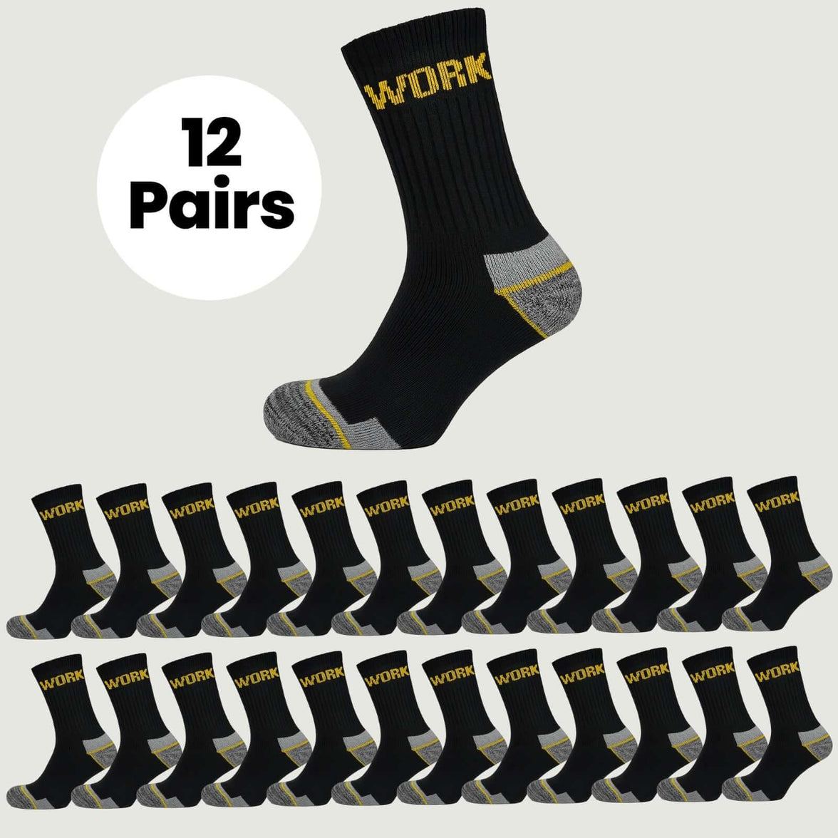 12 Pairs Mens Heavy Duty Work Socks Cushion Sole Reinforced Toe Heel Durable Black Boot Sock for Construction Outdoor Jobs Walking Sizes UK 6-11 EUR 39-45 by Sock Stack Socks