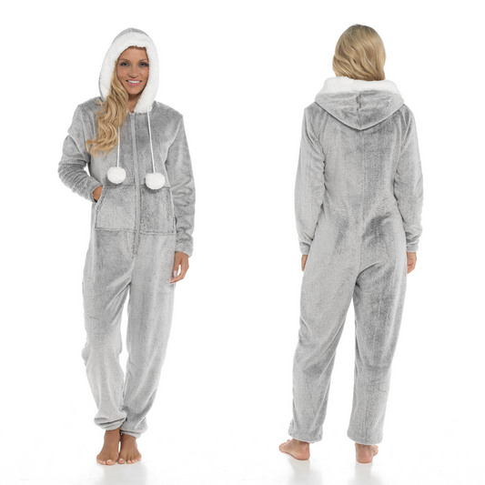 Luxurious Women's Shimmer Fleece Hooded Onesie Pajama with Zip-Up Pockets and Cute Pompoms Perfect for Cozy Lounging and Sleepwear All-In-One Ladies Warm Nightwear by Daisy Dreamer