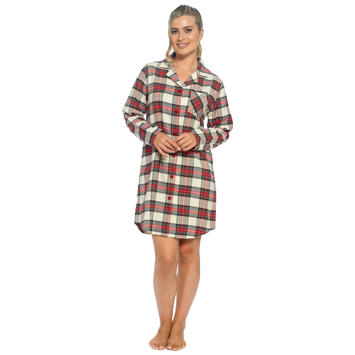 Daisy Dreamer women's cotton-rich checked nightdress with long sleeves, button front, in red and cream, available in S-XL UK size