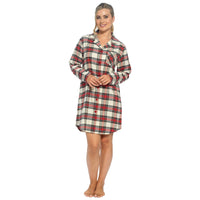 Daisy Dreamer women's cotton-rich checked nightdress with long sleeves, button front, in red and cream, available in S-XL UK size