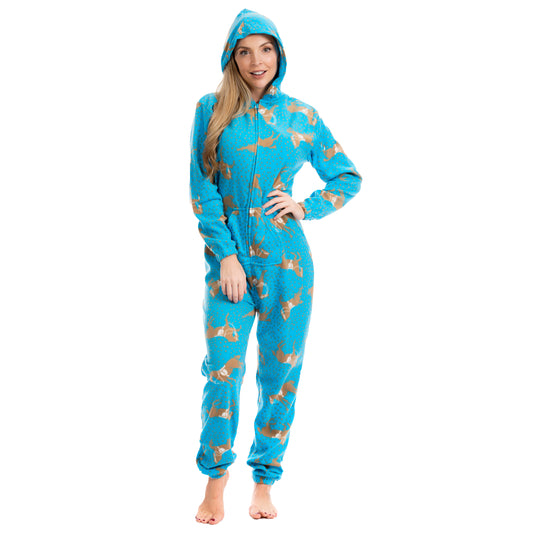 Ladies Soft Fleece Horse Print Hooded Onesie All In One Pyjamas Cosy Nightwear Loungewear Onzee by Daisy Dreamer Warm and Comfortable Women’s Animal Print Hooded Jumpsuit with Zipper and Elastic Cuffs Available in Pink and Blue Sizes 10-20