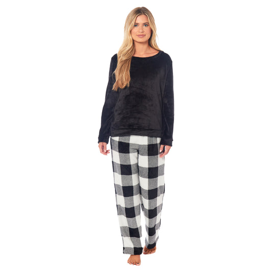 Women's Buffalo Check Fleece Pyjamas Set, Long Sleeve Top & Pajama Bottoms, Cosy Loungewear Nightwear