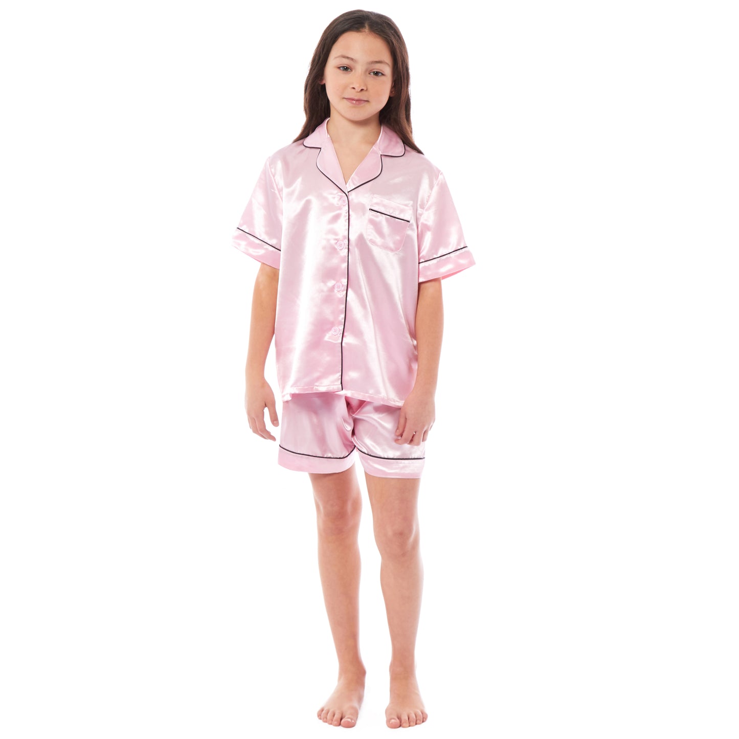 Kids Satin Silk Pyjama Set for Girls with Button-Down Shirt and Loose-Fitting Pants Comfortable Loungewear in Black Pink Grey Ages 5-14 by Daisy Dreamer. Buy now for £12.00.