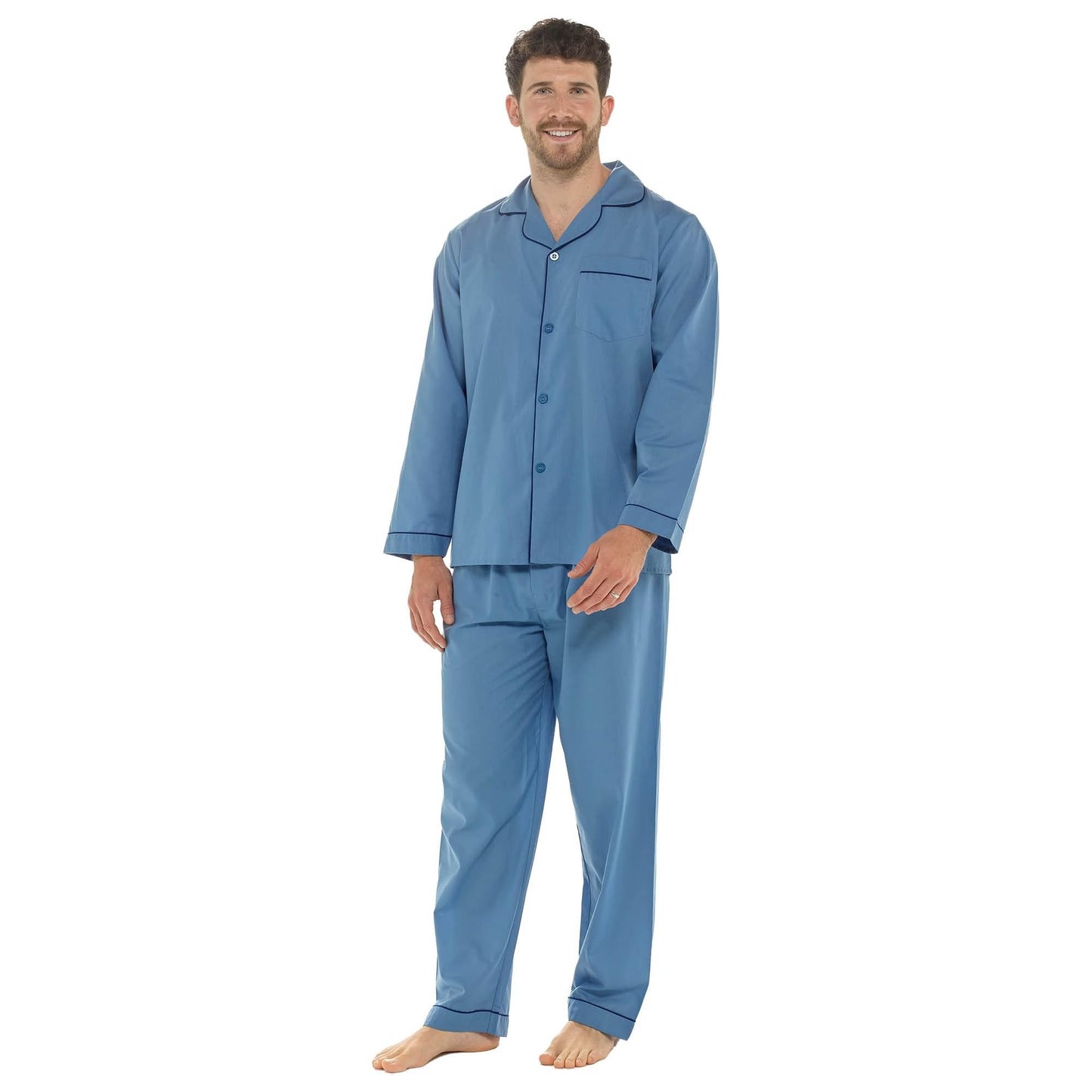 Men's Classic Blue Woven Pyjama Set  Long Sleeve Button Top & Bottoms Easy Care Nightwear Sleepwear by Sock Stack