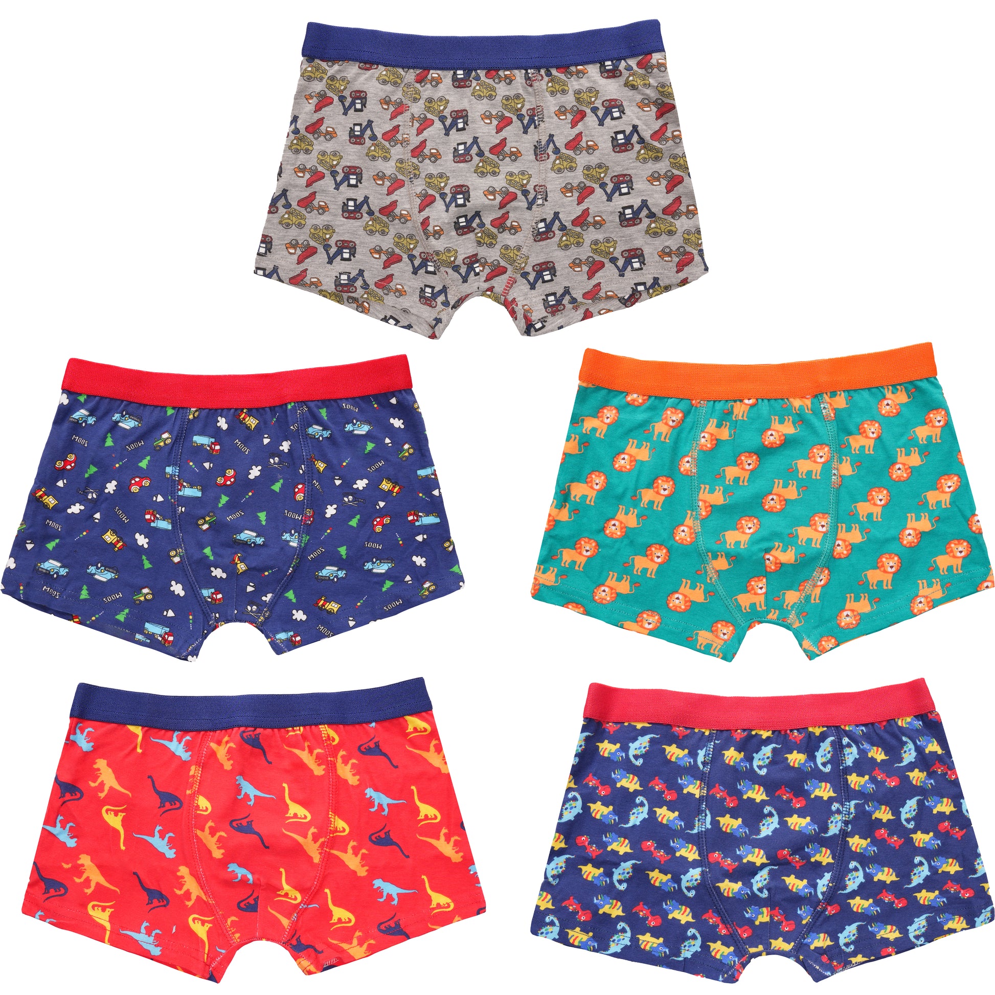Pack Of 5 Boys Boxers Short, Comfort Fit Underpants Waistband Boxer Trunk. Buy now for £9.00. A Boxer Shorts by Sock Stack. blue, boxer shorts, Boxers, boys, breathable, cars, childrens, comfortable, cotton, design, dinosaur, Fit, flexibility, green, grey
