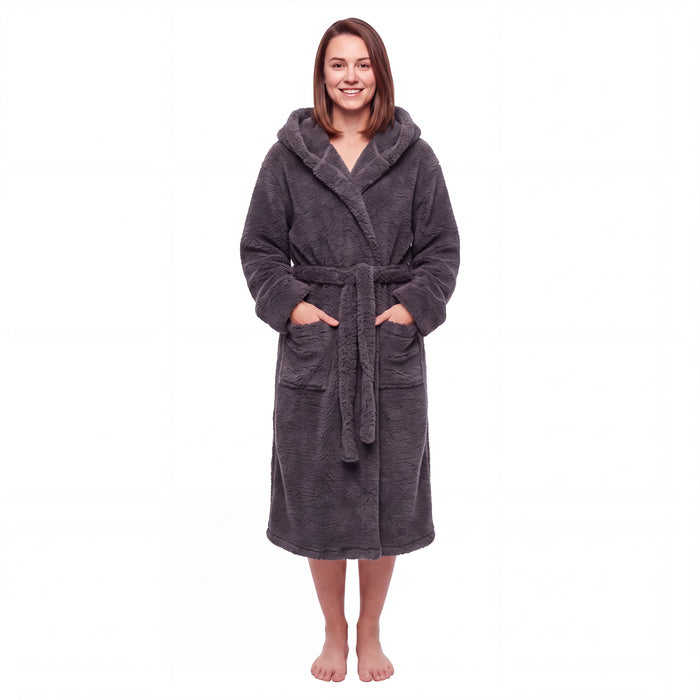 Daisy Dreamer women's hooded fleece dressing gown in soft, warm fabric, featuring a cozy hood and relaxed fit for UK ladies.