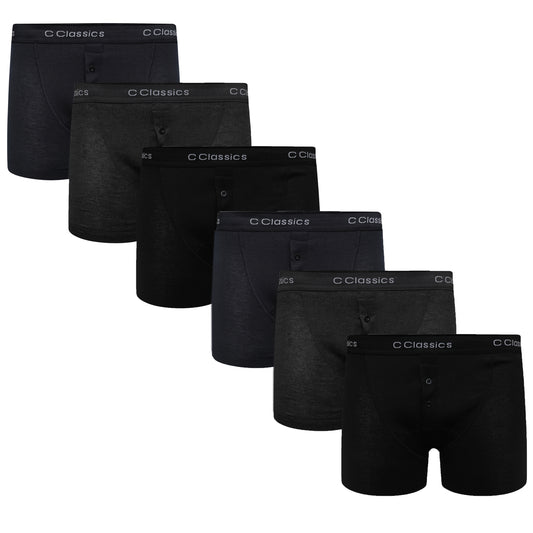 6 Pairs Kids Boys Boxer Shorts Black Cotton Rich Underwear with Button Fly Moisture-Wicking Sweatproof Elasticated Breathable Stretchable Material by Sock Stack Classic Design Durable Comfort in Multiple Sizes for Active Children Daily Wear Playtime