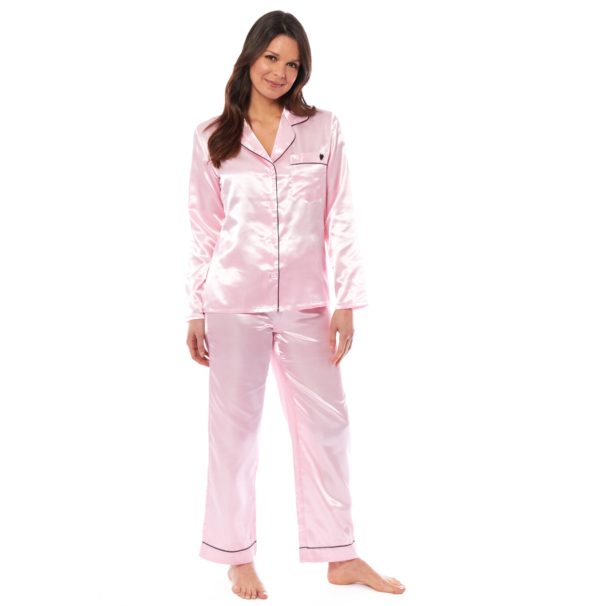 Luxurious Women's Satin Silk Long Sleeve Pyjama Set Cozy Loungewear Nightwear with Dress Shirt Collar and Loose-Fitting Pants in Black Pink Grey by Daisy Dreamer. Buy now for £13.00.