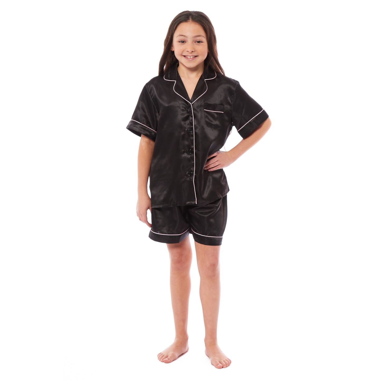 Kids Satin Silk Pyjama Set for Girls with Button-Down Shirt and Loose-Fitting Pants Comfortable Loungewear in Black Pink Grey Ages 5-14 by Daisy Dreamer. Buy now for £12.00.