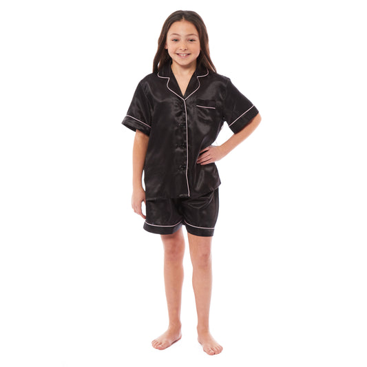 Luxurious Kids Satin Silk Short Pyjama Set by Daisy Dreamer Cosy Nightwear for Girls Includes Button-Down Shirt and Loose-Fitting Pants in Classic Black Pink and Grey Perfect Everyday Loungewear for Ages 5-14 Ideal for Comfortable Sleep and Relaxation