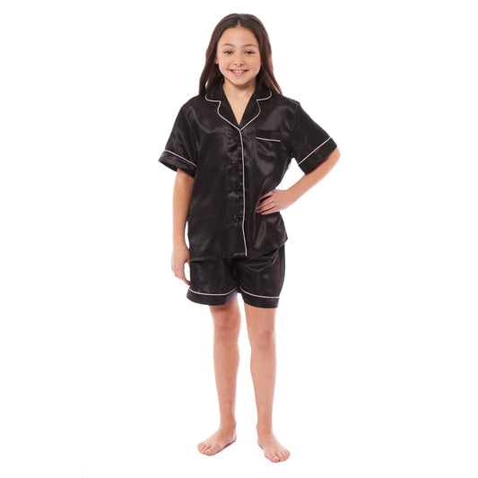 Girls Satin Silk Short Pyjama Set, Kids Everyday Loungewear, Cosy Nightwear PJs, Black Pink Grey