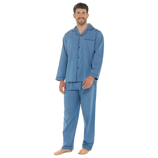 Men's Classic Blue Woven Pyjama Set  Long Sleeve Button Top & Bottoms Easy Care Nightwear Sleepwear by Sock Stack