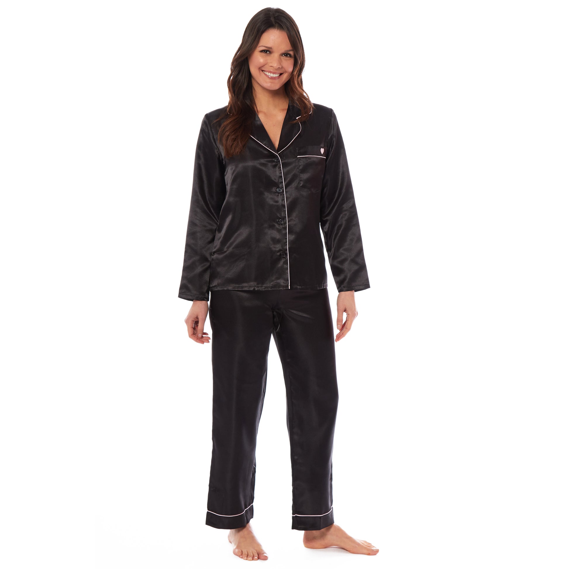 Luxurious Women's Satin Silk Long Sleeve Pyjama Set Cozy Loungewear Nightwear with Dress Shirt Collar and Loose-Fitting Pants in Black Pink Grey by Daisy Dreamer. Buy now for £13.00.
