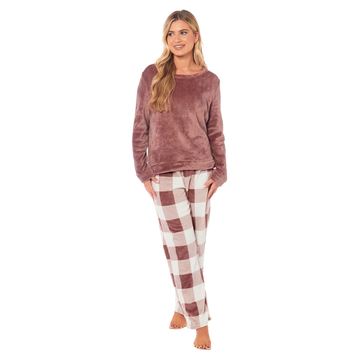 Women's Buffalo Check Fleece Pyjamas Set, Long Sleeve Top & Pajama Bottoms, Cosy Loungewear Nightwear