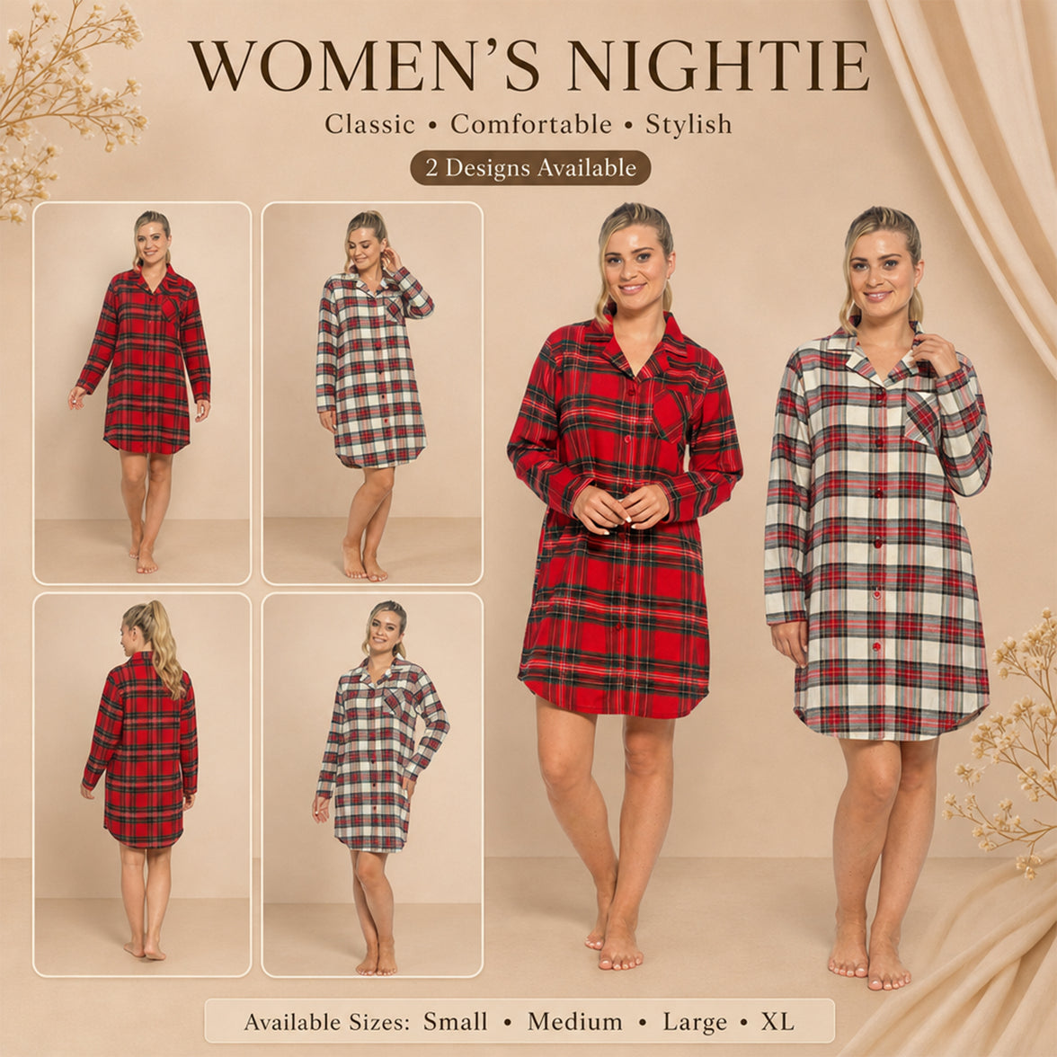Daisy Dreamer women's red and cream checked cotton-rich long sleeve nightdress with button front and cozy wincey flannel fabric.