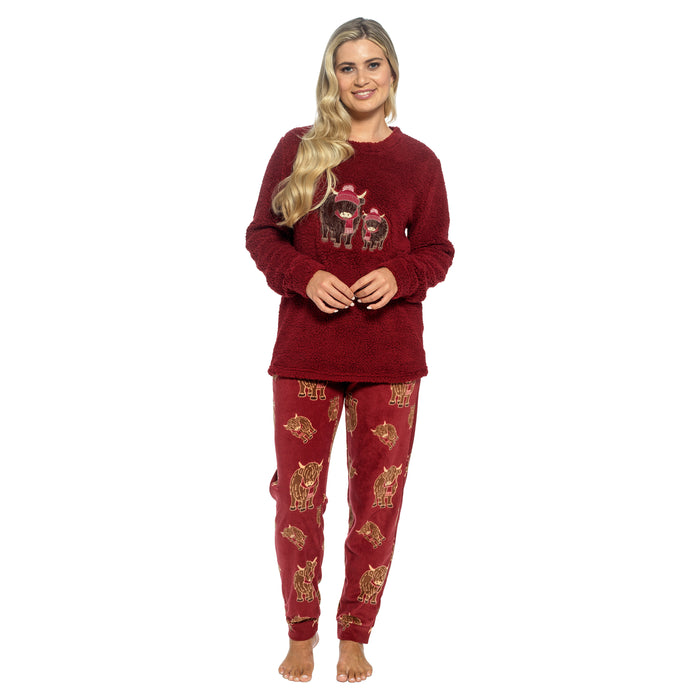 Daisy Dreamer women's Highland cow print cotton jersey pyjama set with long sleeves, available in sizes S to XL, comfortable loungewear.