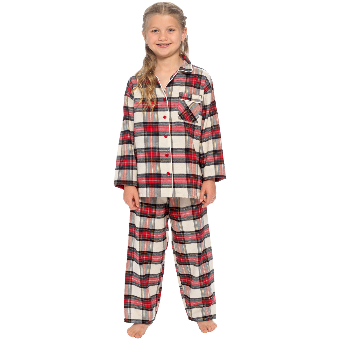 Sock Stack Daisy Dreamer girls' check pyjama set in red and cream, long sleeve cotton-rich PJs with button-up top for ages 3-14.