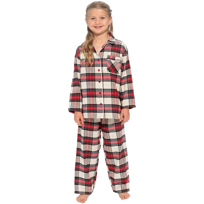 Sock Stack Daisy Dreamer girls' check pyjama set in red and cream, long sleeve cotton-rich PJs with button-up top for ages 3-14.