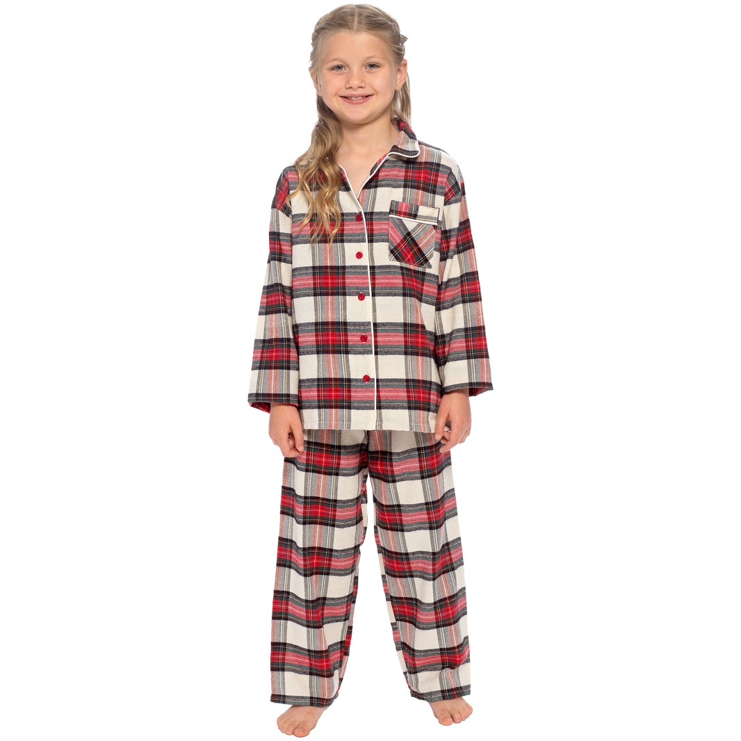 Sock Stack Daisy Dreamer girls' check pyjama set in red and cream, long sleeve cotton-rich PJs with button-up top for ages 3-14.