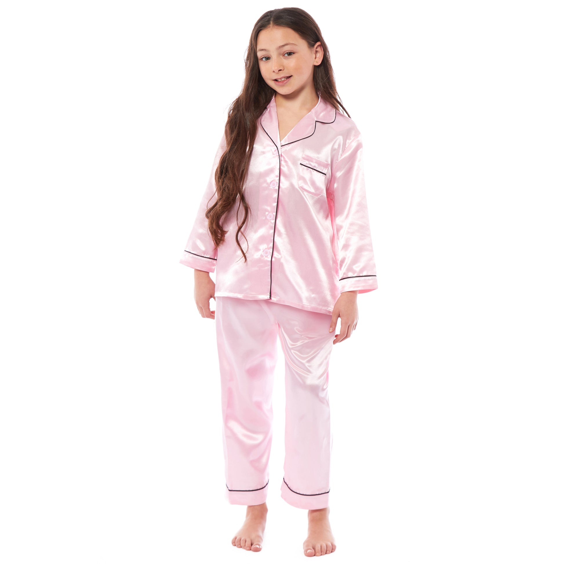 Girls Long Sleeve Satin Silk Pyjama Set Comfortable Button-Down Sleepwear in Black Pink Grey Sizes 5-14 YRS by Daisy Dreamer. Buy now for £14.00.