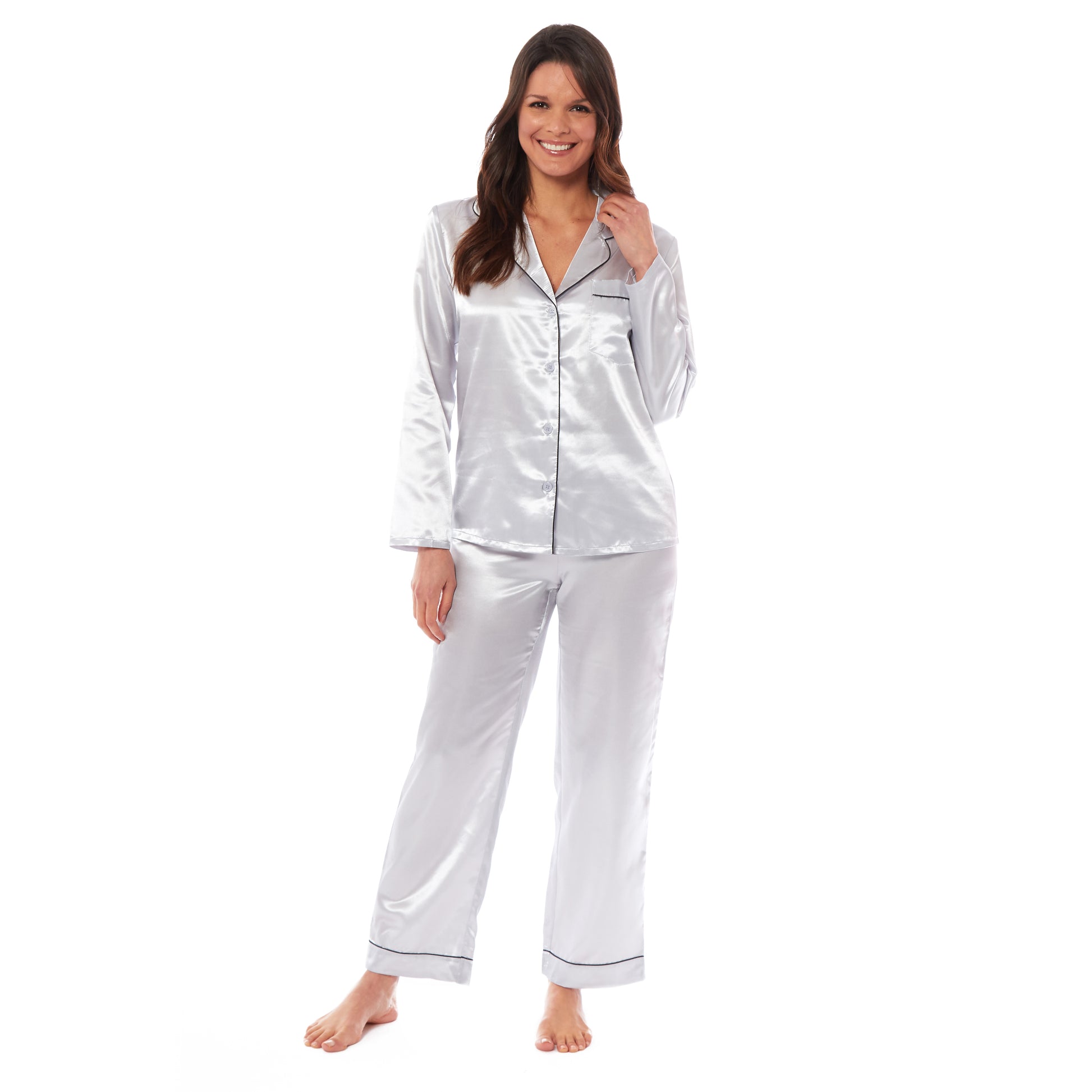 Luxurious Women's Satin Silk Long Sleeve Pyjama Set Cozy Loungewear Nightwear with Dress Shirt Collar and Loose-Fitting Pants in Black Pink Grey by Daisy Dreamer. Buy now for £13.00.