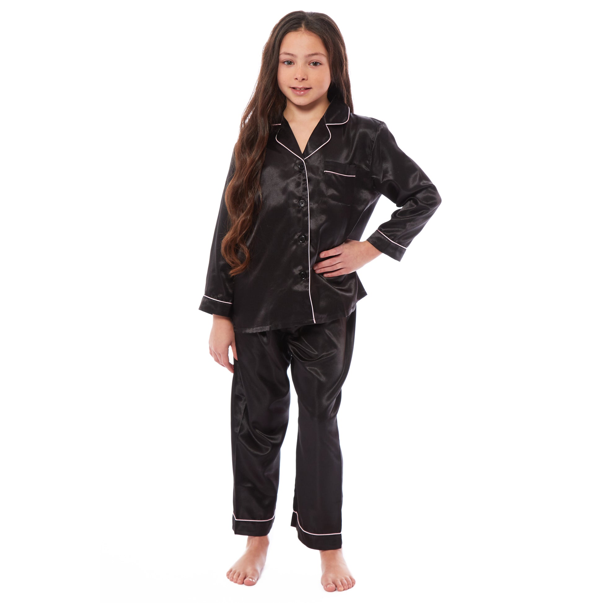 Girls Long Sleeve Satin Silk Pyjama Set Comfortable Button-Down Sleepwear in Black Pink Grey Sizes 5-14 YRS by Daisy Dreamer. Buy now for £14.00.