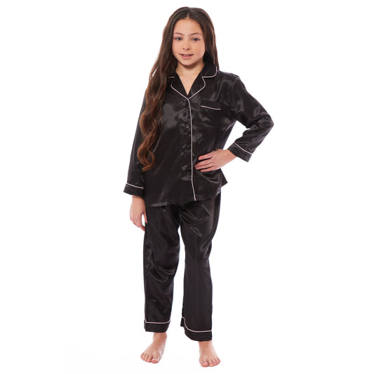 Girls Satin Silk Long Sleeve Pyjama Set, Kids Everyday Loungewear, Cosy Nightwear PJs, Black Pink Grey