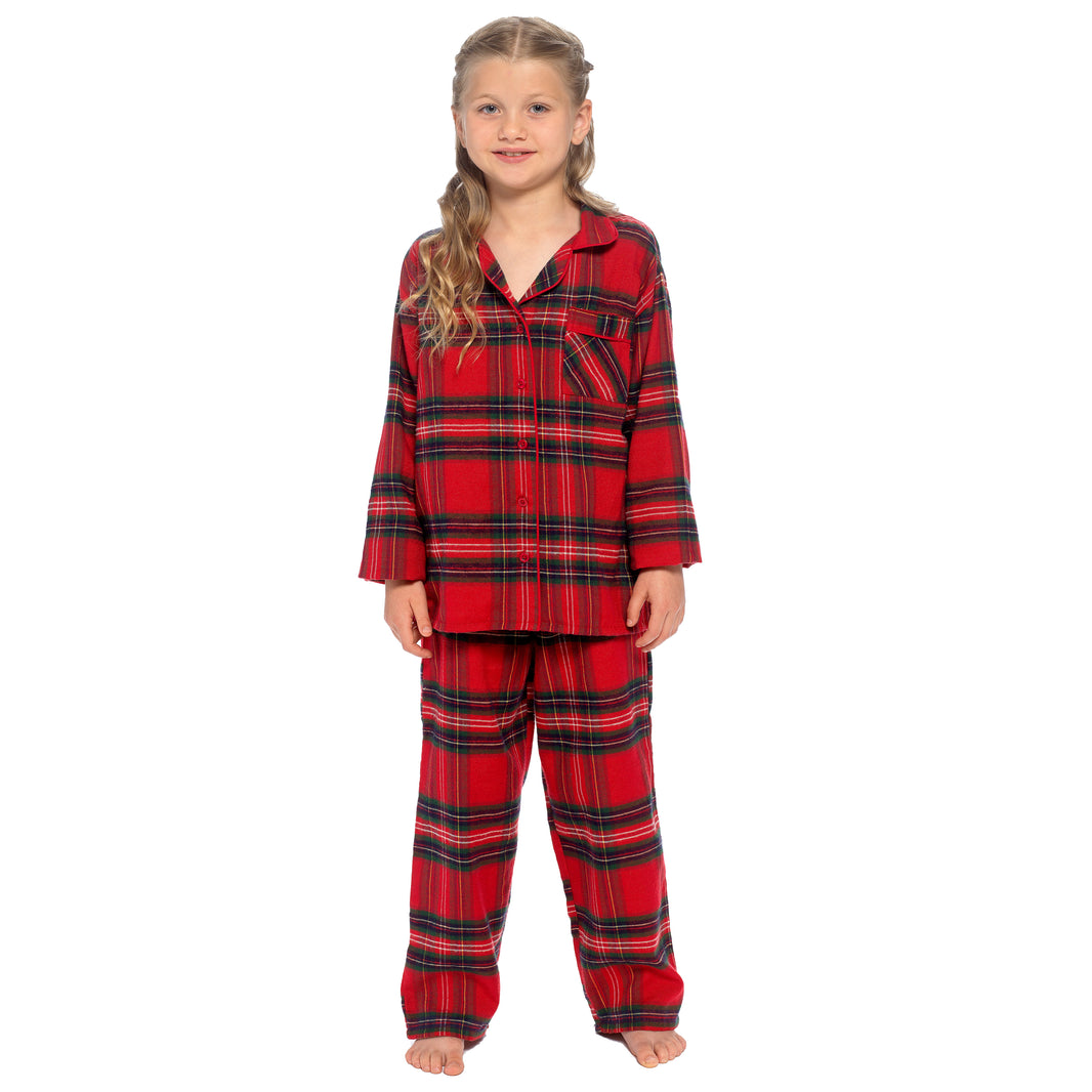 Daisy Dreamer girls' cotton-rich check pyjama set with long sleeves and buttons in red and cream, designed for ages 3-14 years.