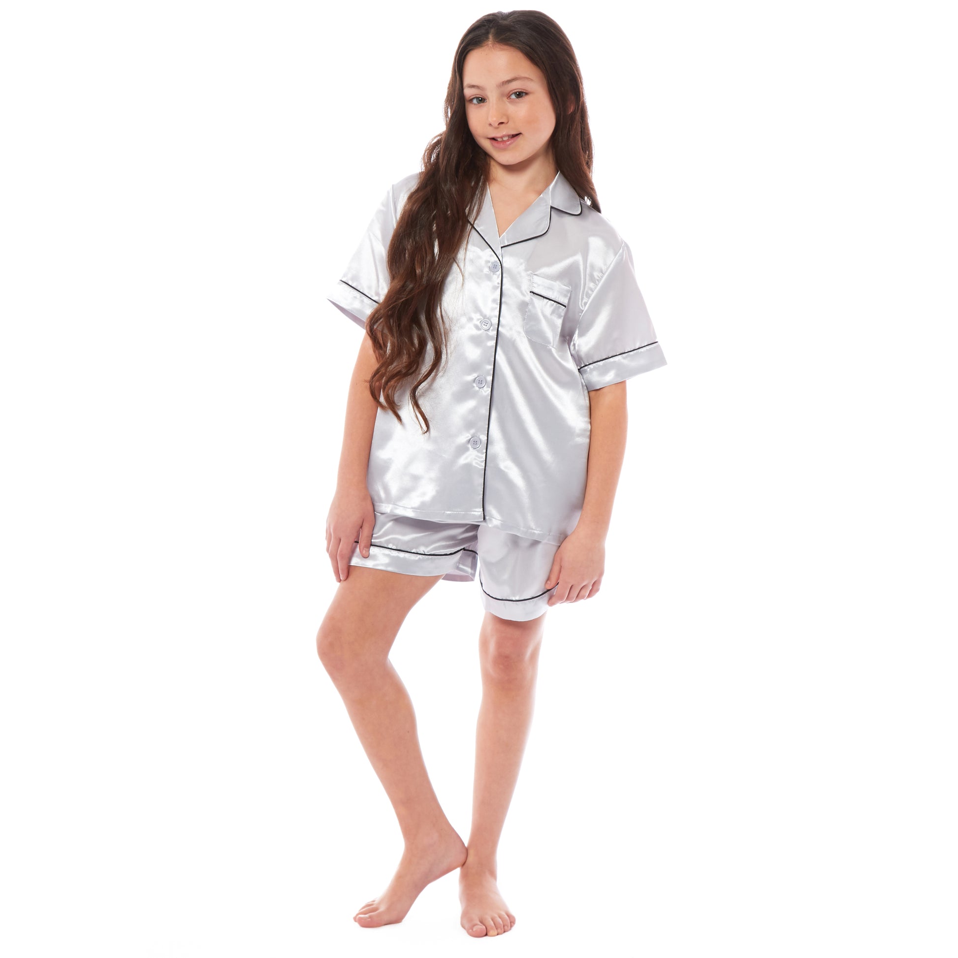 Kids Satin Silk Pyjama Set for Girls with Button-Down Shirt and Loose-Fitting Pants Comfortable Loungewear in Black Pink Grey Ages 5-14 by Daisy Dreamer. Buy now for £12.00.